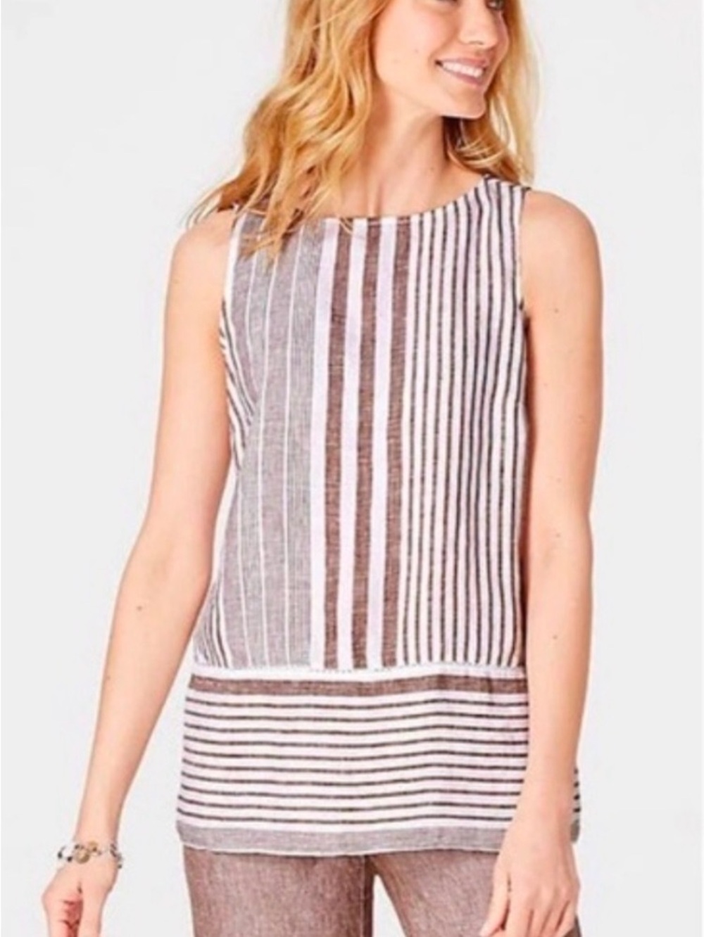 J Jill Sleeveless Striped Linen-Blend Brown and White Sleeveless Top M